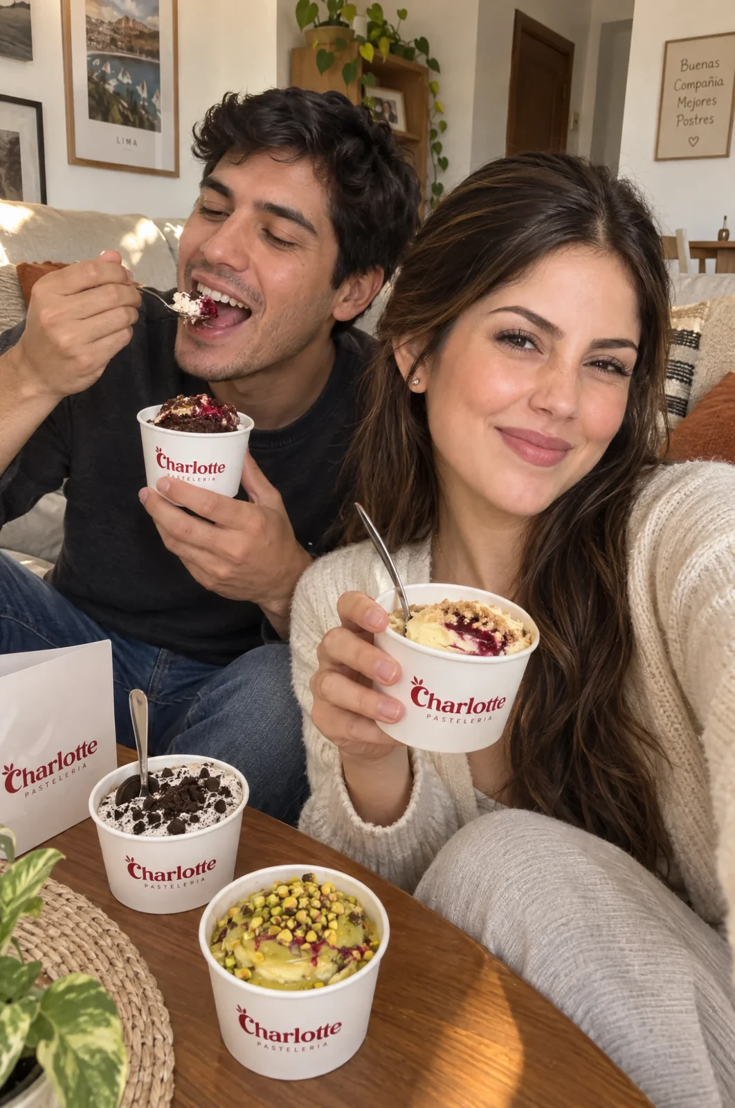 Pareja disfrutando cuchareables Charlotte en casa