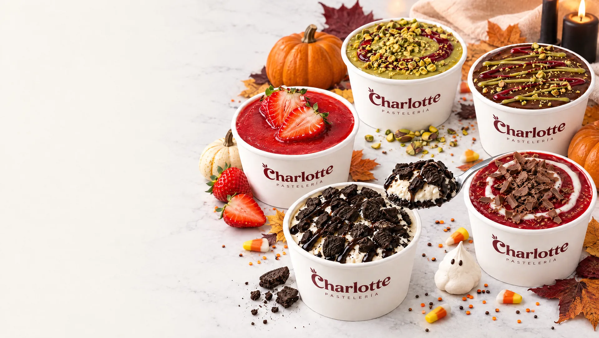 Cuchareables Charlotte con decoración de Halloween: calabazas, hojas de otoño y un fantasmita de merengue